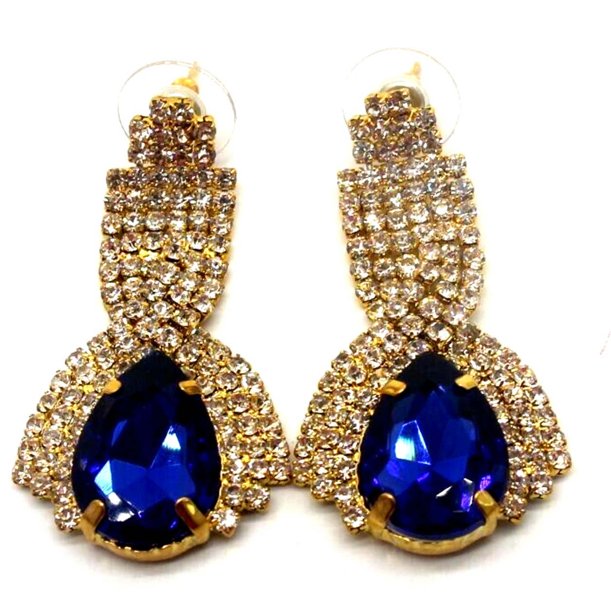 Sapphire Blue Tear Drop Round Studded Rhinestone Statement Earrings Gold Tone 2 25$